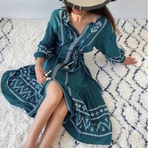 ZARA // Midi Teal & White Embroidered Boho Dress - [OVERSIZED]
